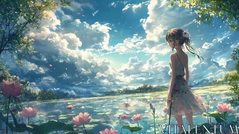 Backlit girl studies reflective lotus pond under dynamic cloudfield