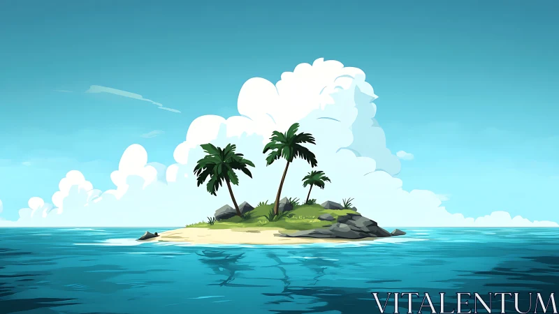Tropical Island Illustration with Three Palm Trees Against Cumulus Cloud Formation