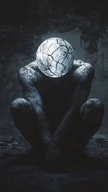 Seated humanoid figure with cracked spherical head in shadow.