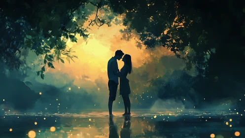 Silhouetted Couple Kissing Under Luminous Forest Canopy.