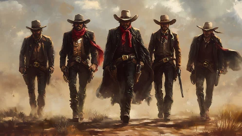 Five gunslingers stride through dusty western frontier.