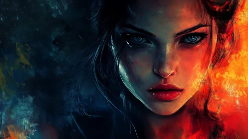 Dual-toned digital portrait with fiery and shadowed contrast.