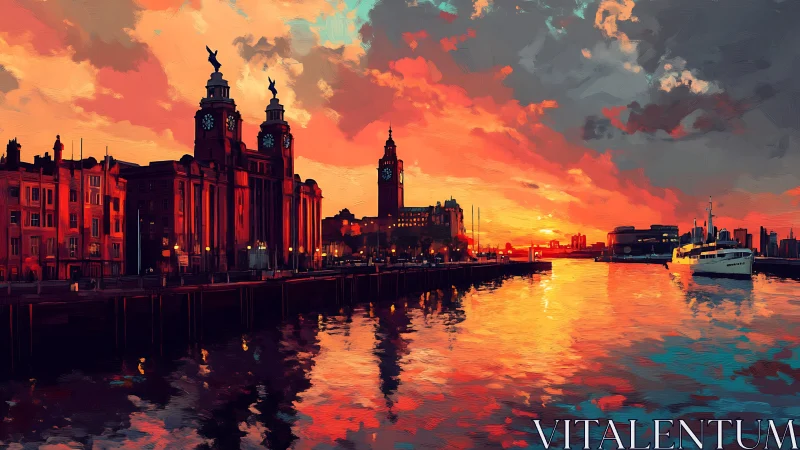 Harborfront skyline under chromatic sunset reflection study.