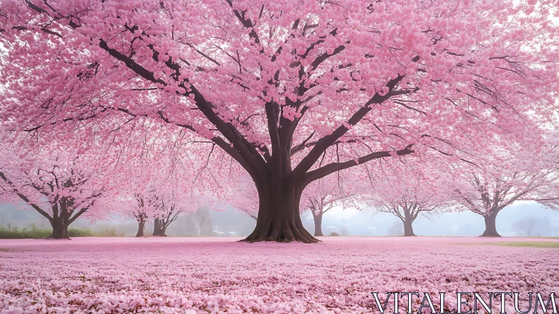 Cherry blossom grove under soft pastel morning haze.
