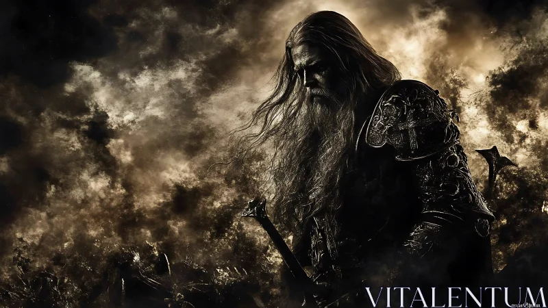 Dark fantasy warrior with sword in swirling smoky chaos.