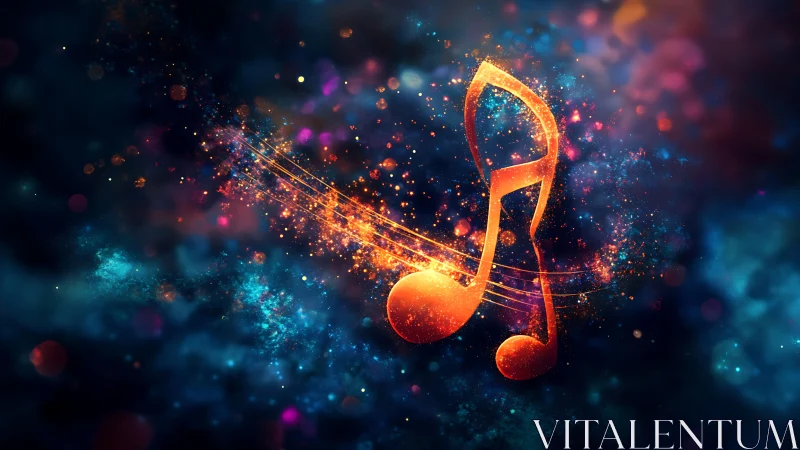 Glowing musical notes ripple through nebula-like particle field