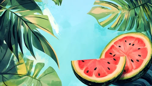 Tropical watermelon slices under lush palm foliage.