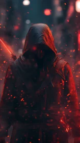Hooded cyber assassin in ember-lit alleyway stands poised