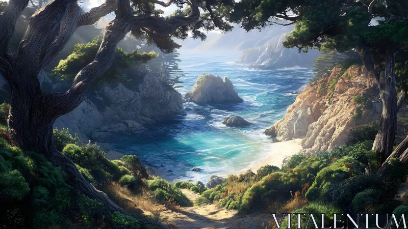 Luminous Cove Sanctuary Framed by Ancient Sentinels.