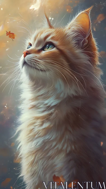 Ethereal Ginger Cat Gazing Upward with Autumn Leaves.