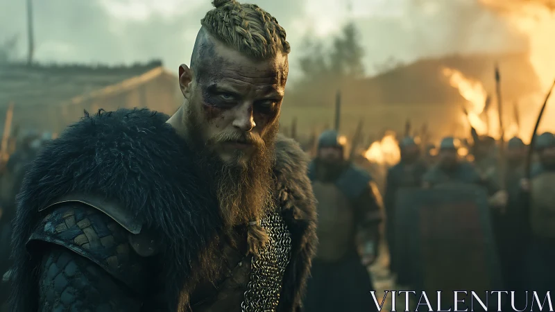 Battle-hardened Viking warrior advances amid burning stronghold