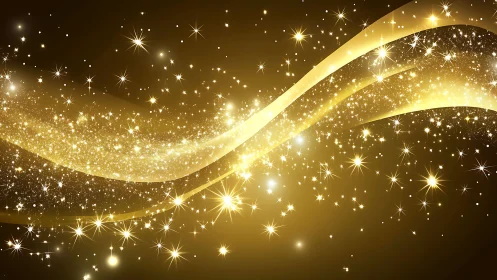 Gold light waves curve across dense star-like particle field.