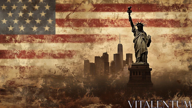 Statue of Liberty over grunge USA flag and skyline.