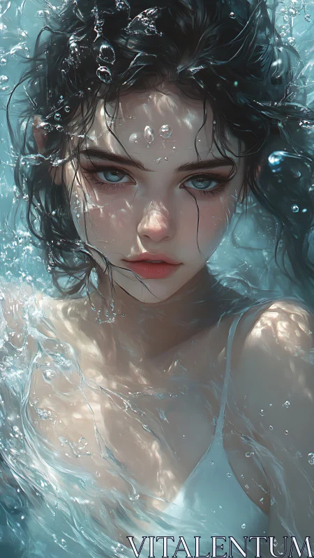 Hyperreal aquatic portrait of blue eyed woman submerged in water