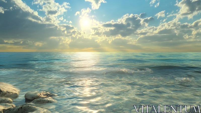 Sunlit tide whispers across glassy, dream-blue horizon.