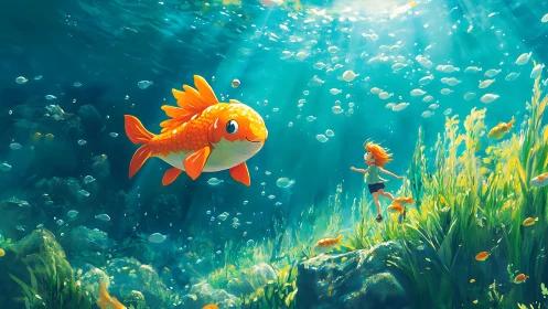 Giant goldfish meets joyful child in sunlit underwater world