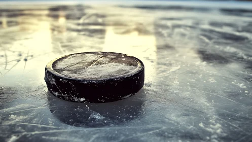 Closeup photorealistic hockey puck on textured outdoor ice