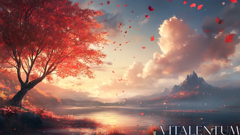 Crimson maple at lakeside sunset with cinematic mountainscape.