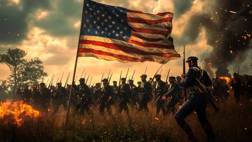 Union soldiers advance beneath tattered flag through fire