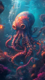 Glowing deep sea octopus drifts gently through coral wonderlands