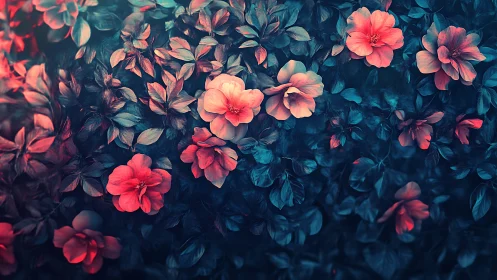 Neon-lit coral blossoms over teal foliage in digital bloom.