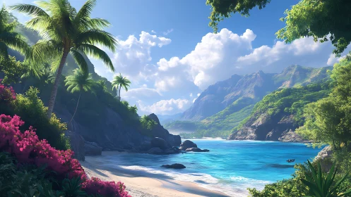 Tropical coastal landscape with volumetric atmospheric rendering and dynamic water features