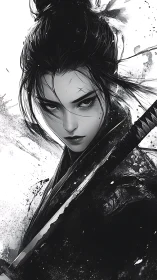 Samurai woman holds katana in high contrast ink style