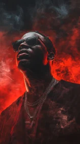 Moody portrait of man in sunglasses amid red smoke.