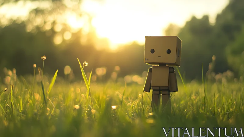 Little cardboard robot wandering through golden sunset grass.