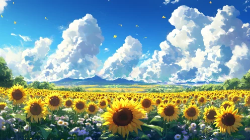 Sunlit sunflower panorama under towering cumulus clouds