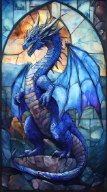 Blue scaled dragon depicted in arched stained glass window