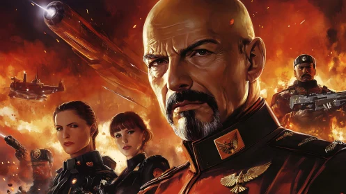 Commanding military leader amid fiery sci fi battlefield.
