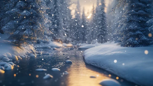 Snow-laden conifer forest stream under low-angle sunset illumination