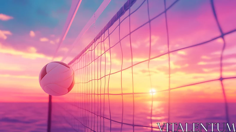Sunset volleyball moment caught midair by the glowing sea.