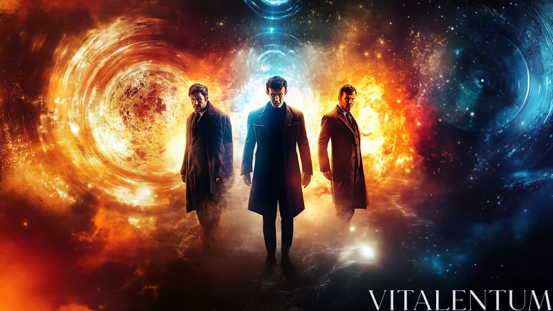 Triadic figures in cosmic vortex corridor, warm cool contrast