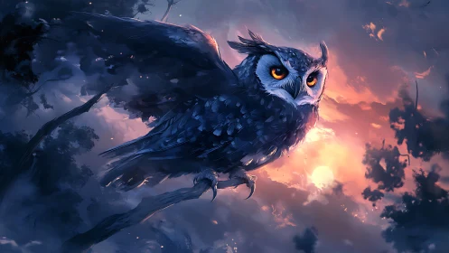 Majestic Owl in Flight Over Mystical Forest at Twilight, Digital Art.