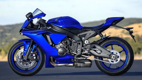 Electric blue sport motorcycle glows against soft hills backdrop.