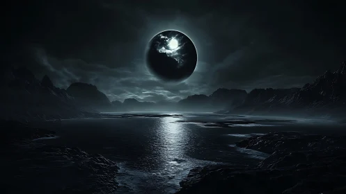 Dark alien seascape under glowing eclipsed moon at night.