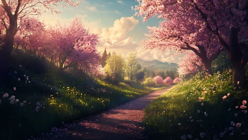 Gentle spring path under blooming pink cherry trees.