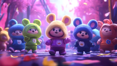 Cuddly forest parade of pastel critters in cozy suits.