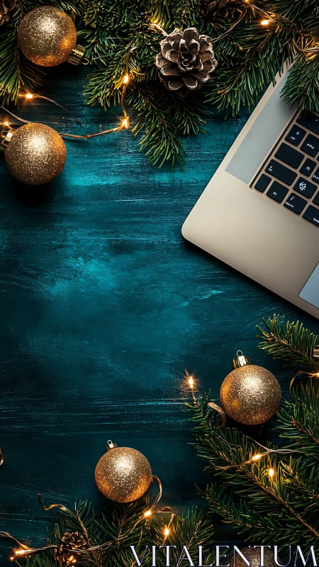 Laptop with Christmas ornaments on teal wooden workspace