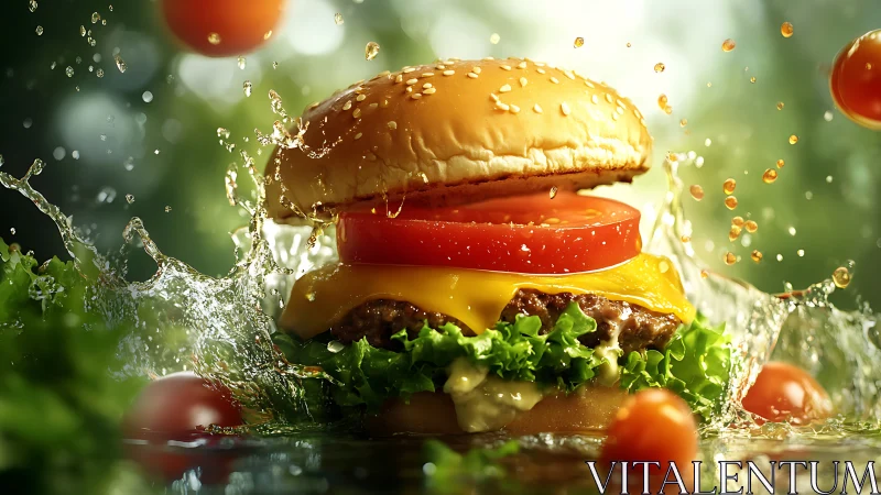 Splash-happy gourmet burger diving through garden freshness.