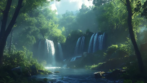 Waterfall in Dense Forest Canopy with Flowing Stream
