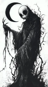 Moonlit shadow spirit rises in dark dripping ink silence