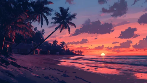 Tropical shoreline sunset rendered in vibrant digital gradients