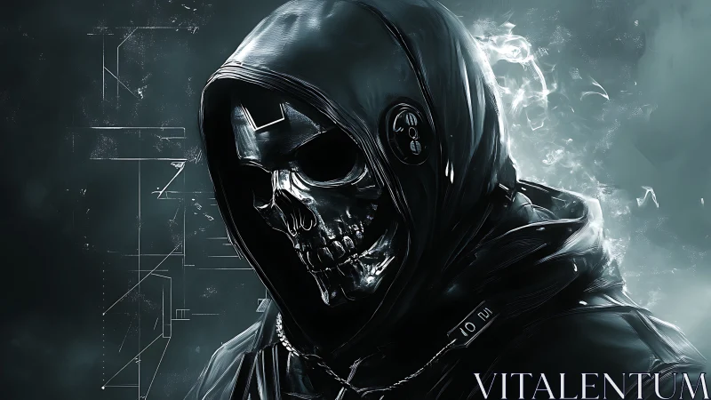 Mysterious hooded reaper in gleaming cyberpunk armor.