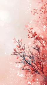 Delicate red foliage dissolves into a soft abstract watercolor field