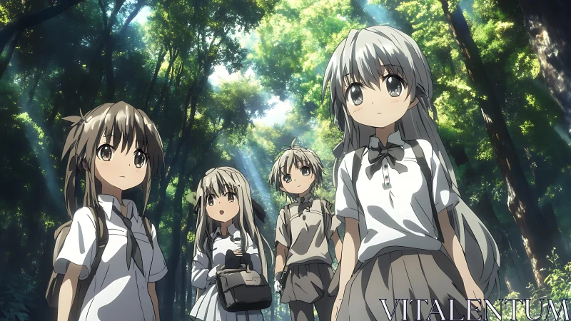 Schoolgirls traverse sunlit forest with volumetric anime lighting
