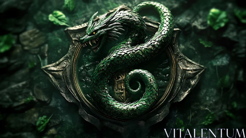 Emerald dragon crest coils in a glowing forest emblem