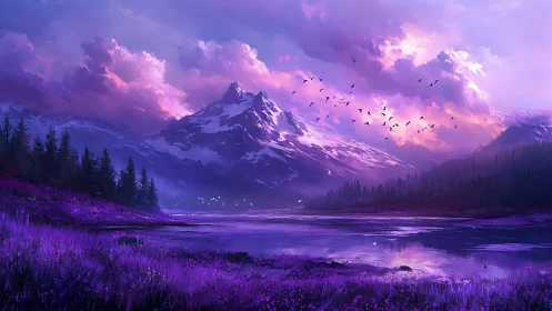 Purple mountain lake at sunset with glowing clouds and birds.